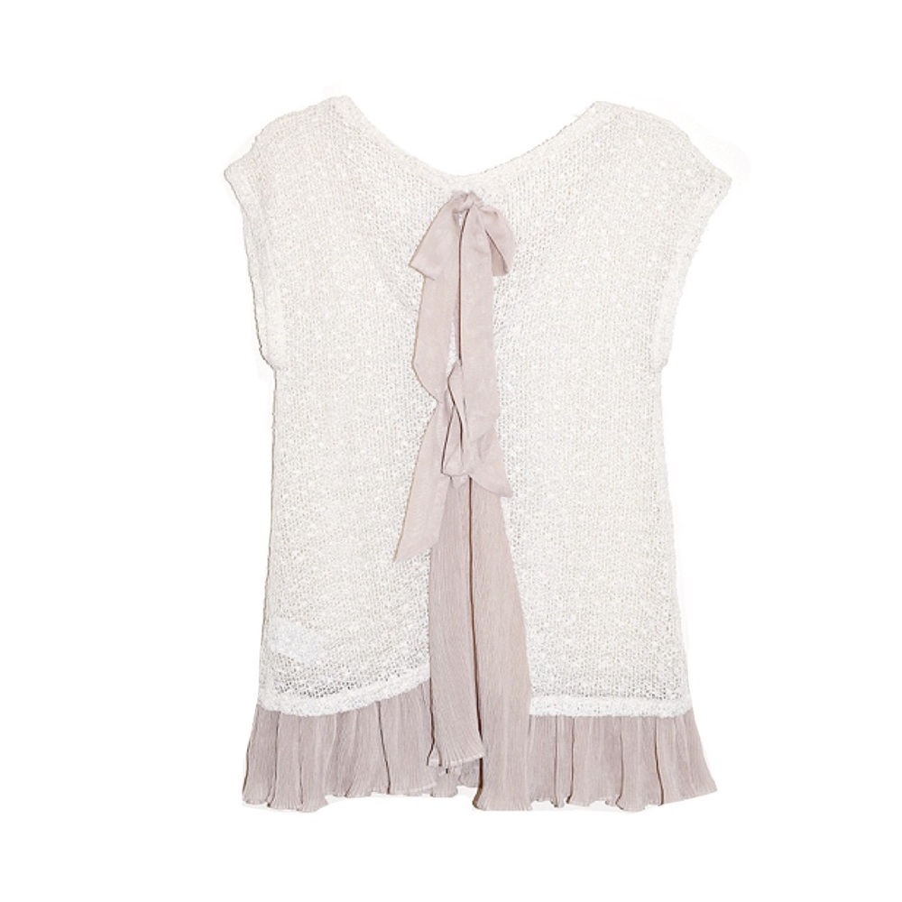 A’reve Open Knit Crochet Ruffle Hem Tie Back Detail Top